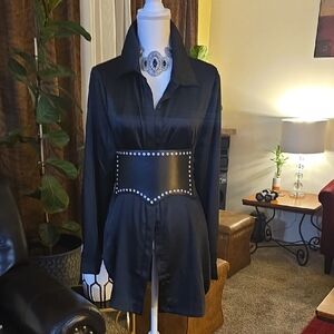 AKIRA Black Button Down Shirt with Studded Belt